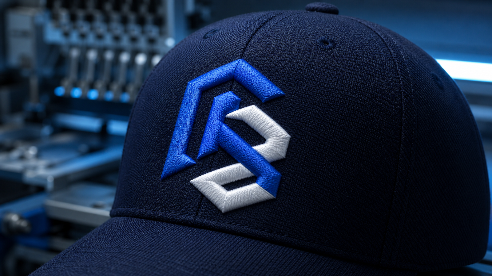 Realistic raised 3D puff embroidery on a navy cap