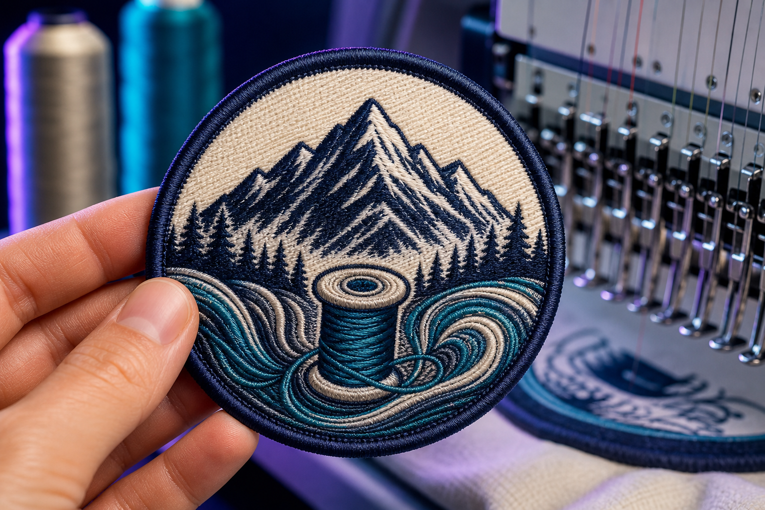 Detailed embroidered mountain patch beside a production machine