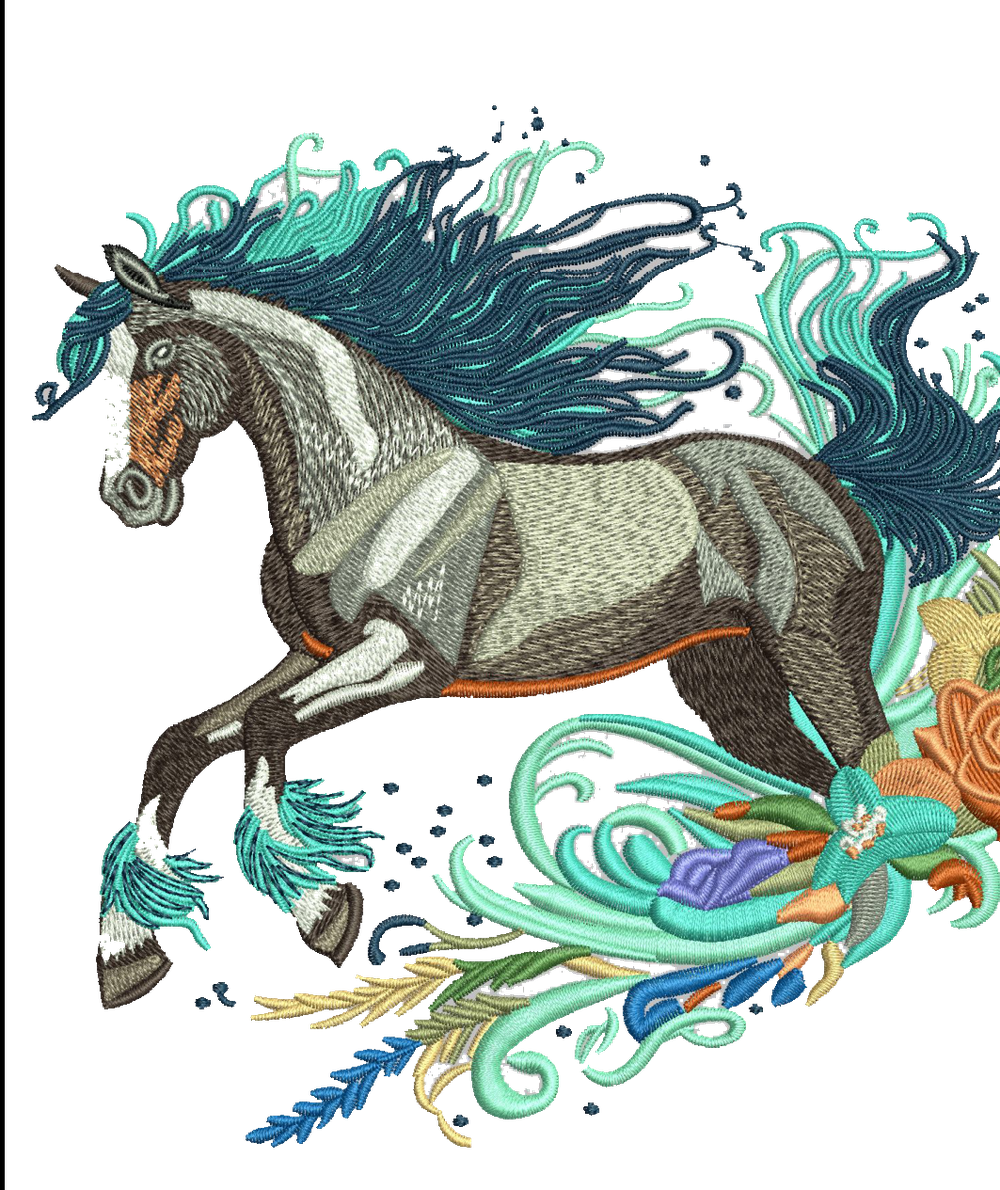 Leaping horse embroidery with a flowing teal mane and floral detail