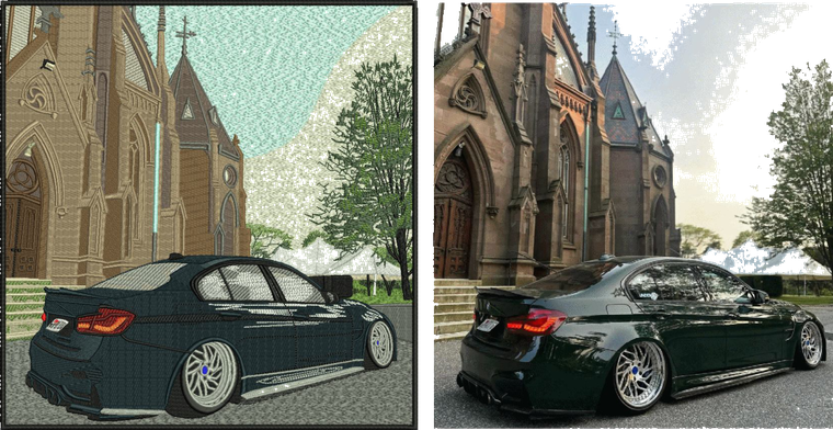 Car Scene embroidery digitizing sample